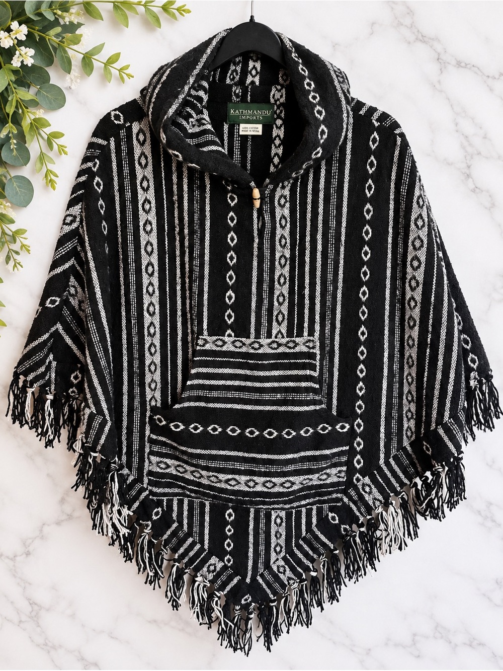 Kathmandu Imports Nepal 100% Cotton Baja Hooded Poncho Fringe Black White